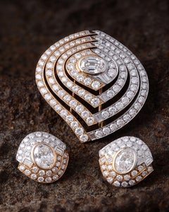 Bvlgari 18K Gold Diamond Brooch and Earring Set, Circa 1970, 11.8 ct