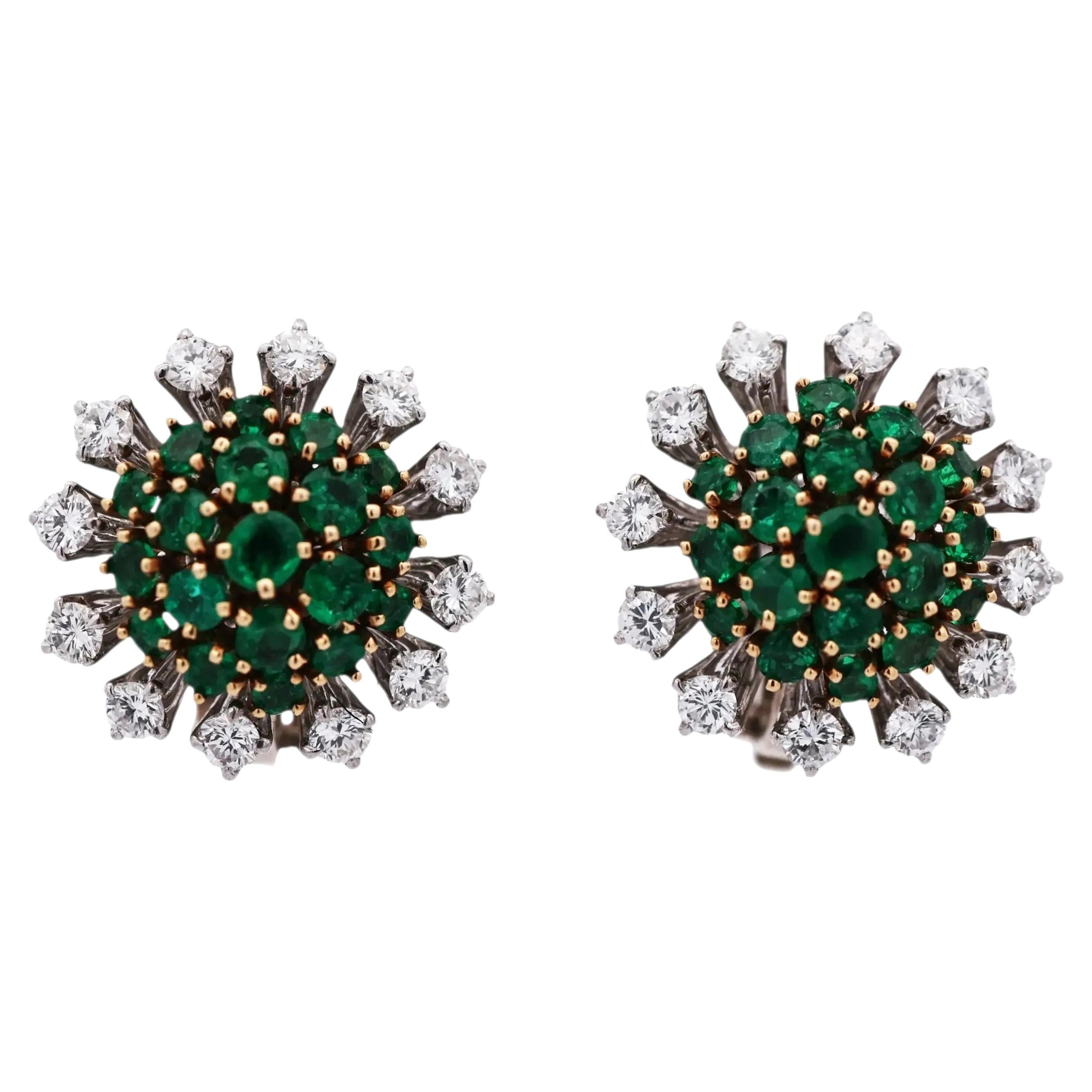 Mid-20th Century 18K Gold Emerald Diamond Cluster Earrings, 1.9ct For Sale