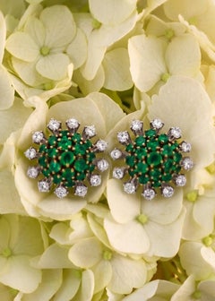 Mid-20th Century 18K Gold Emerald Diamond Cluster Earrings, 1.9ct