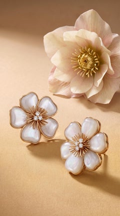 Van Cleef & Arpels, 18K Gold Mother-of-Pearl Diamond Flower Earrings