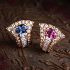 Bvlgari, 18K Gold Pink Blue Sapphire Diamond Earrings, GIA
