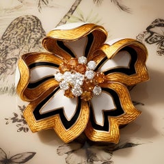 Bvlgari 18K Gold Enamel Flower Brooch with Diamond & Citrine, Retro