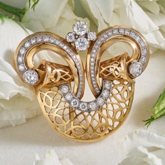 Bvlgari 18K Gold Diamond Scroll Brooch, Circa 1950s, 2.8ct