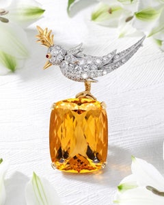 Tiffany Schlumberger, 18K Gold Citrine Diamond Bird-on-Stone Brooch