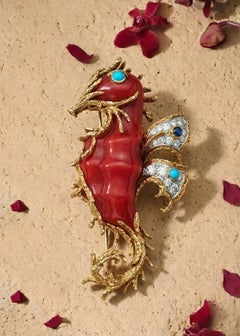 Cartier, 18K Gold Coral Diamond Seahorse Brooch, IAJA certified