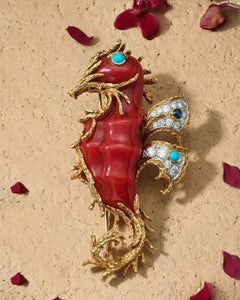 Cartier, 18K Gold Coral Diamond Seahorse Brooch, IAJA certified