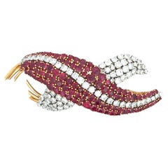 Platinum 18K Gold Ruby Diamond Brooch