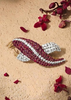 Platinum 18K Gold Ruby Diamond Brooch