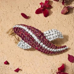 Mid-20th Century 18K Gold Ruby Diamond Feather Brooch, Circa 1980s