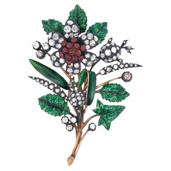 Silver-topped-Gold Ruby Enamel Diamond Flower Brooch
