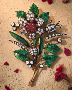 Silver-topped-Gold Ruby Enamel Diamond Flower Brooch