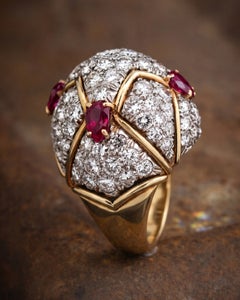 Mid-Century Modern 18K Gold Ruby Diamond Ring, Approx 8ct Diamonds