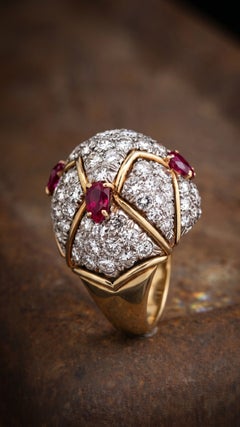 Mid-Century Modern 18K Gold Ruby Diamond Ring, Approx 8ct Diamonds
