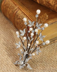 Edwardian Platinum Gold Pearl Diamond Spray Brooch, Circa 1905-1915