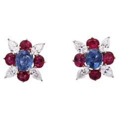 18K Gold Kashmir Unheated Sapphire Ruby Diamond Earrings, GIA