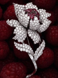 Harry Winston, Platinum Ruby Diamond Flower Brooch, GIA, Evaluation