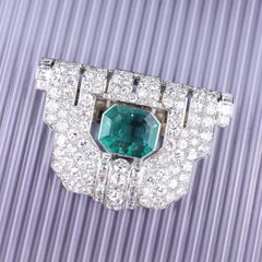 18K Gold Colombia Insignificant Emerald Diamond Clip Brooch, French Made