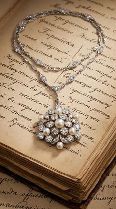 Tiffany, collier en or 18 carats avec perle naturelle et diamants, GIA