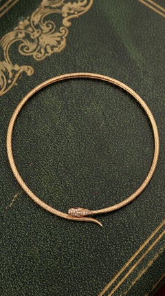 18K Yellow Gold Diamond Serpent Necklace, Retro Design, 16 Inches