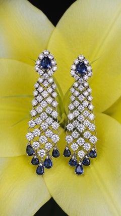 14K Gold Modern Sapphire Diamond Chandelier Earrings, 9ct Diamonds