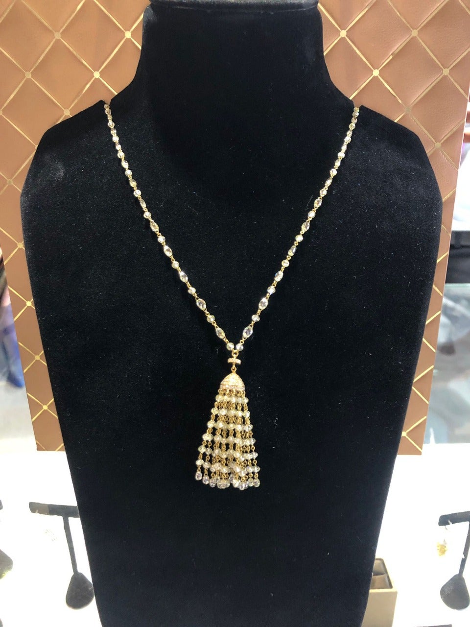 PANIM 36.46Ct Diamond Briolette & Beads Tassel Necklace in 18 Karat Yellow Gold For Sale