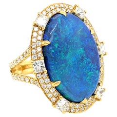 10.98 Carat Lightning Ridge Oval Black Opal and Diamond Yellow Gold Ring