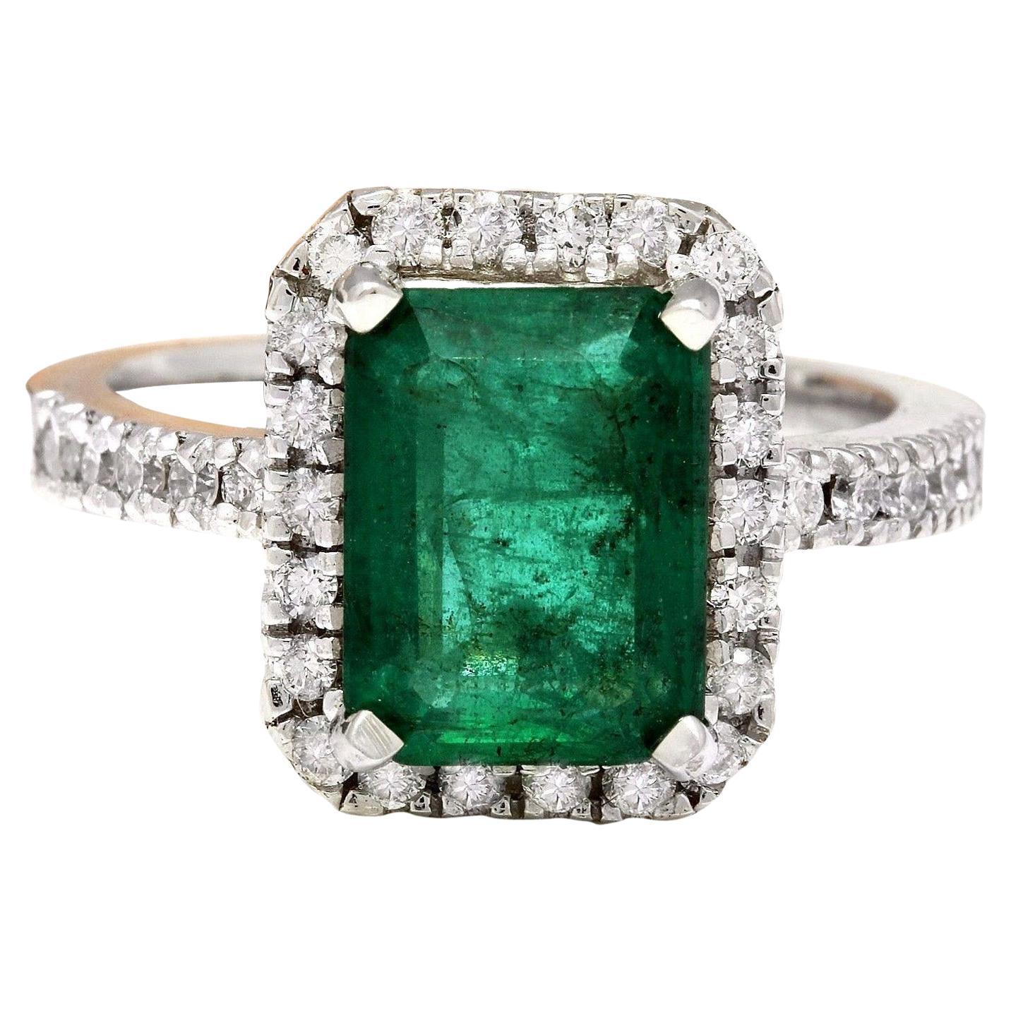 Natural Emerald 14 Karat Solid White Gold Diamond Ring For Sale