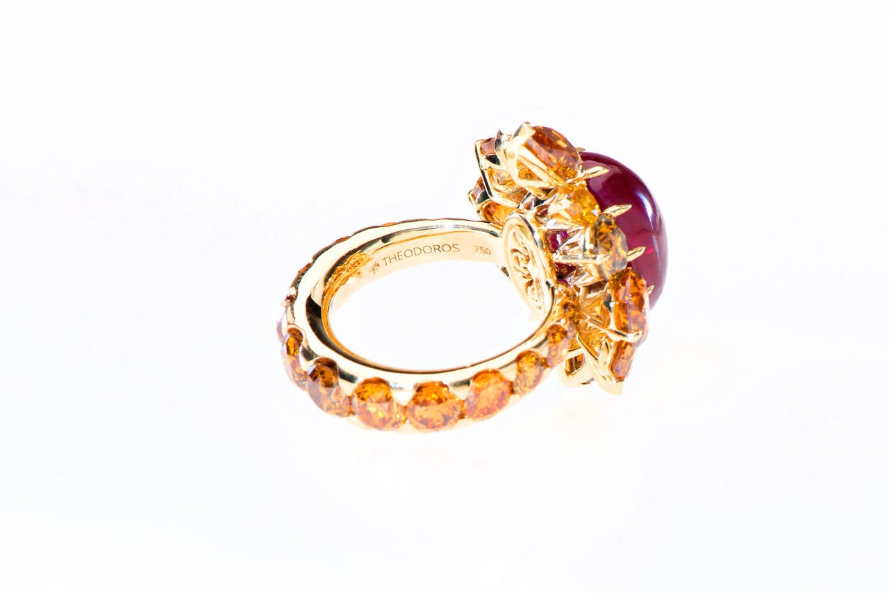 Theodoros Rare Natural Burmese Ruby GIA Cert Fancy Diamond Gold Cocktail Ring In New Condition In Kavala, GR