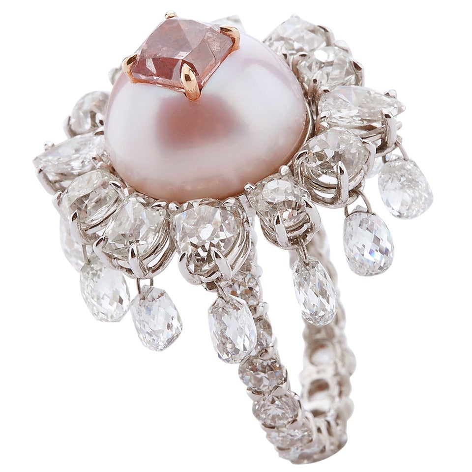 Theodoros GIA Cert Natural Pink Diamond Pearl Gold Ring For Sale