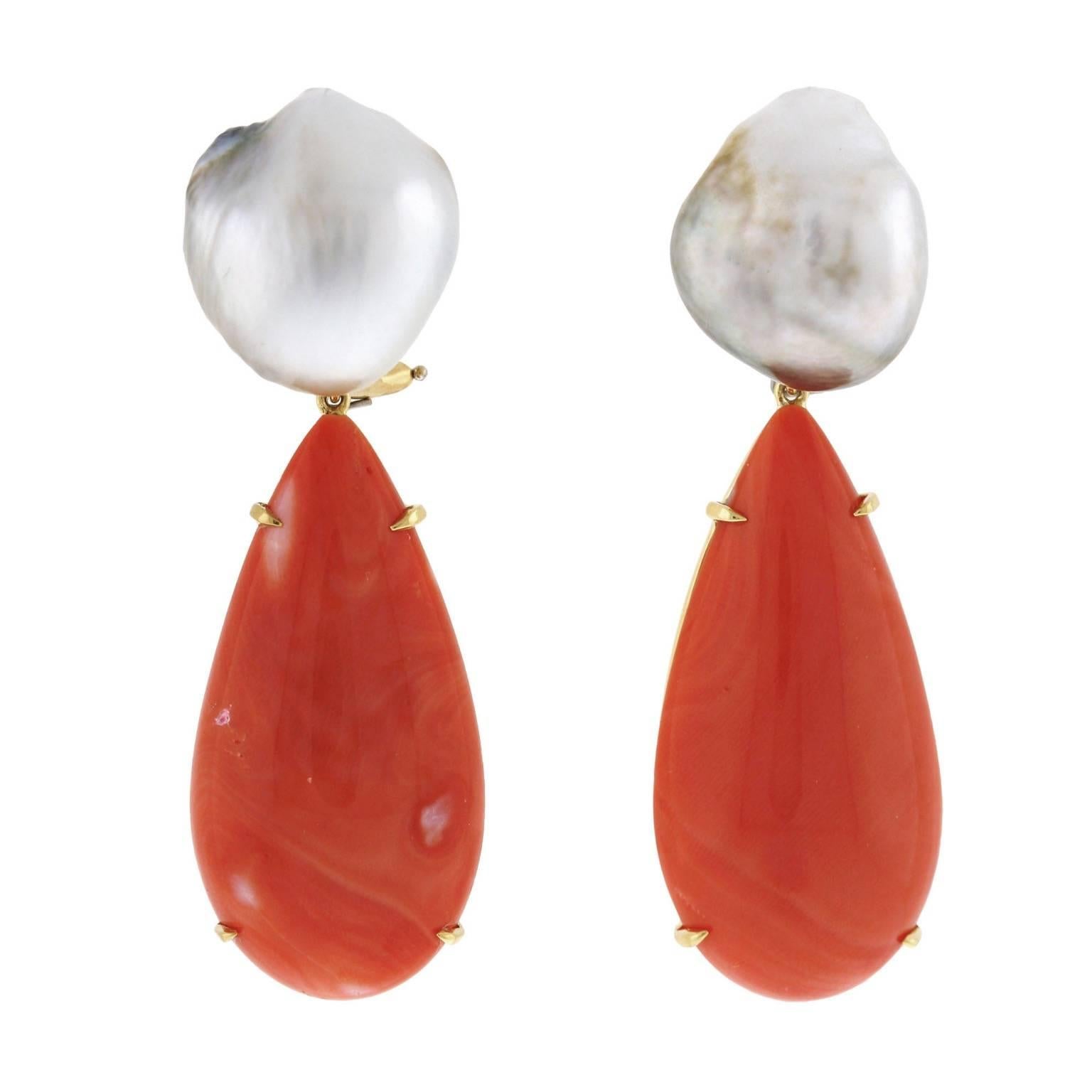South Sea Keshi Pearl and Coral Earrings For Sale