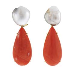 South Sea Keshi Pearl and Coral Earrings