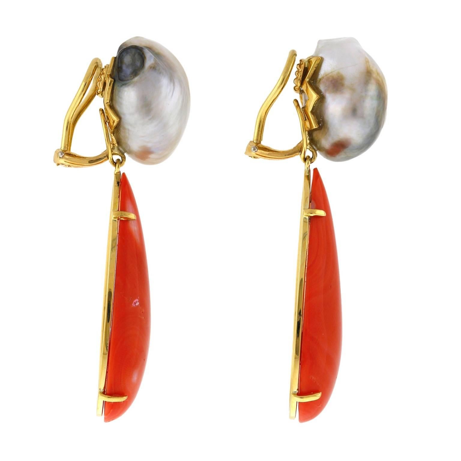 Contemporary South Sea Keshi Pearl and Coral Earrings For Sale