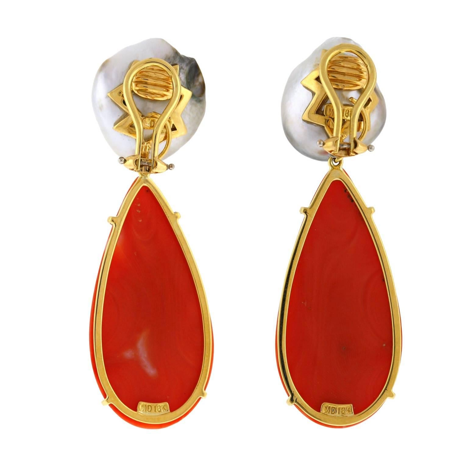South Sea Keshi Pearl and Coral Earrings In New Condition For Sale In Aspen, CO