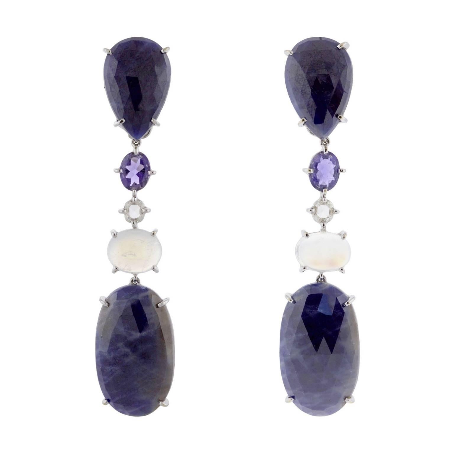 Large Blue Sapphire Iolite Moonstone Diamond Clip Earrings For Sale