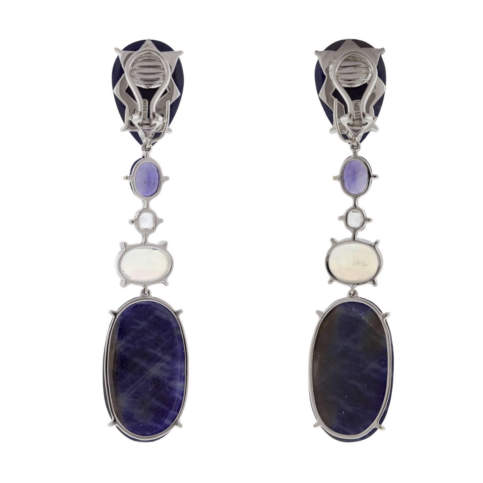 Large Blue Sapphire Iolite Moonstone Diamond Clip Earrings In New Condition For Sale In Aspen, CO