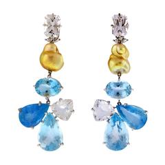 Aquamarine Danburite South Sea Golden Pearl Clip Earrings