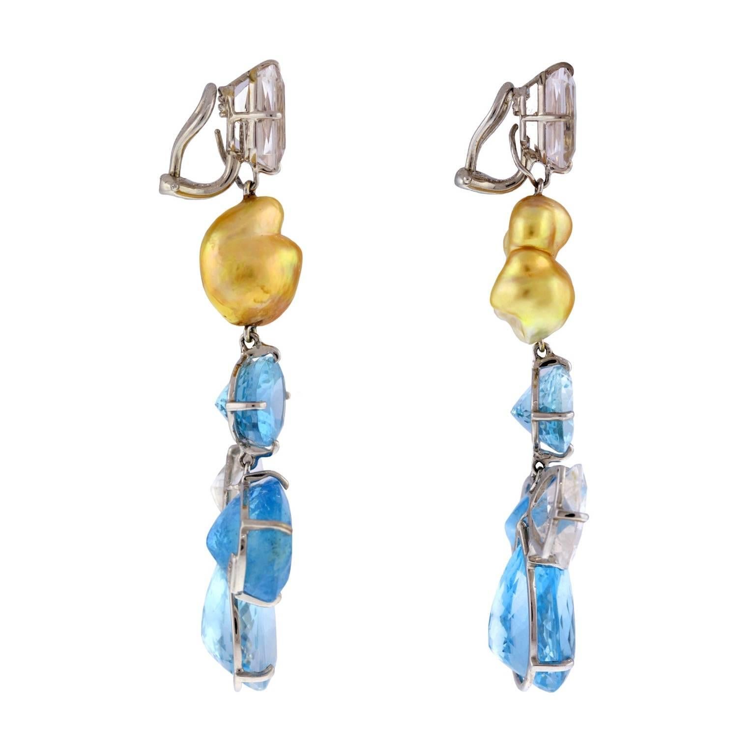 Aquamarine Danburite South Sea Golden Pearl Clip Earrings In New Condition For Sale In Aspen, CO