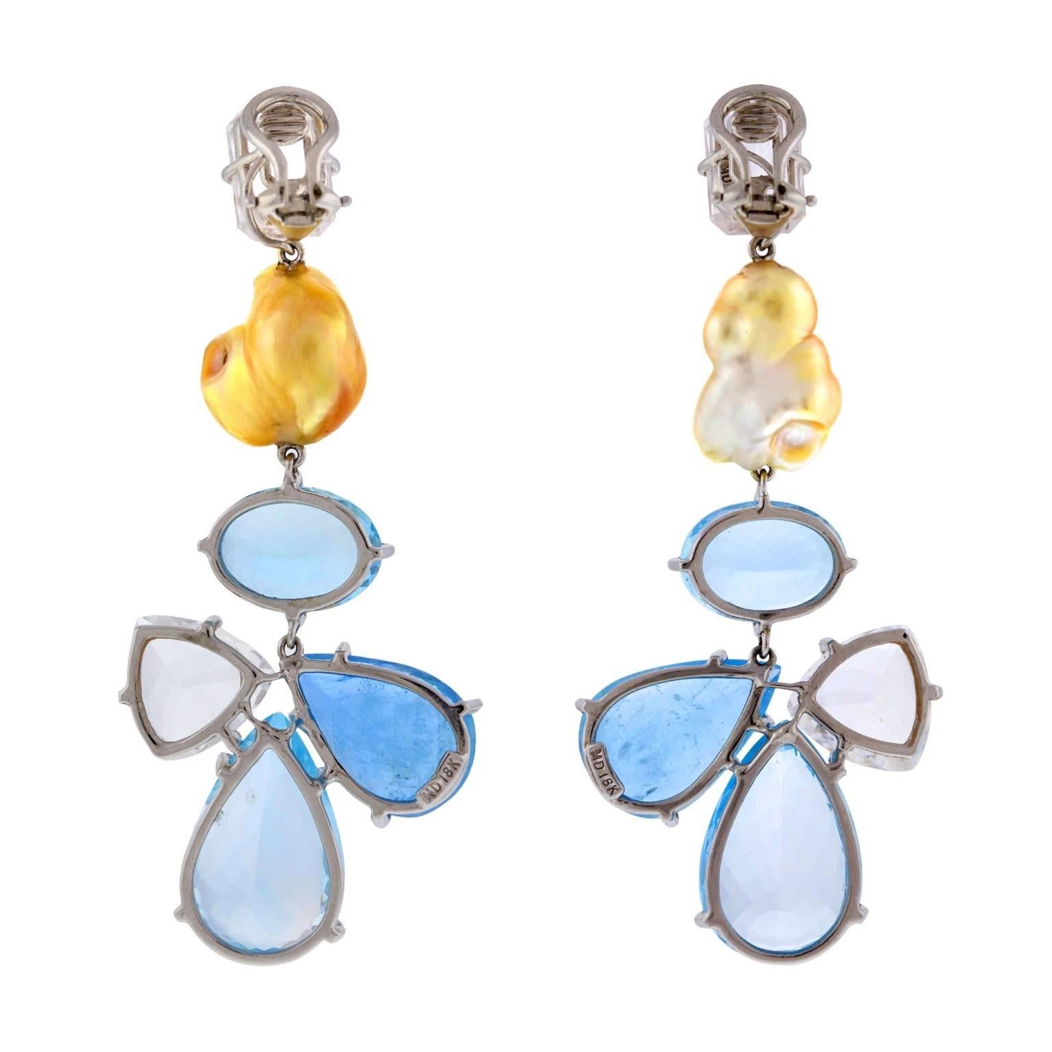 Contemporary Aquamarine Danburite South Sea Golden Pearl Clip Earrings For Sale