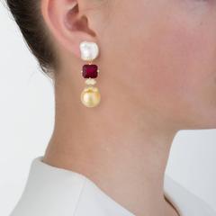 South Sea White Keshi Pearl Rubelite Diamond Golden Pearl Clip Earrings