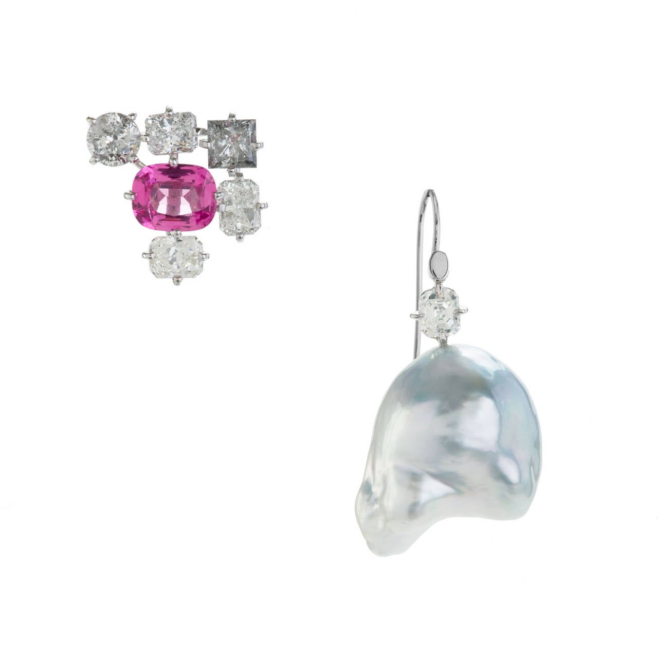 Neon Pink Spinel Pearl Diamond Gold Earrings