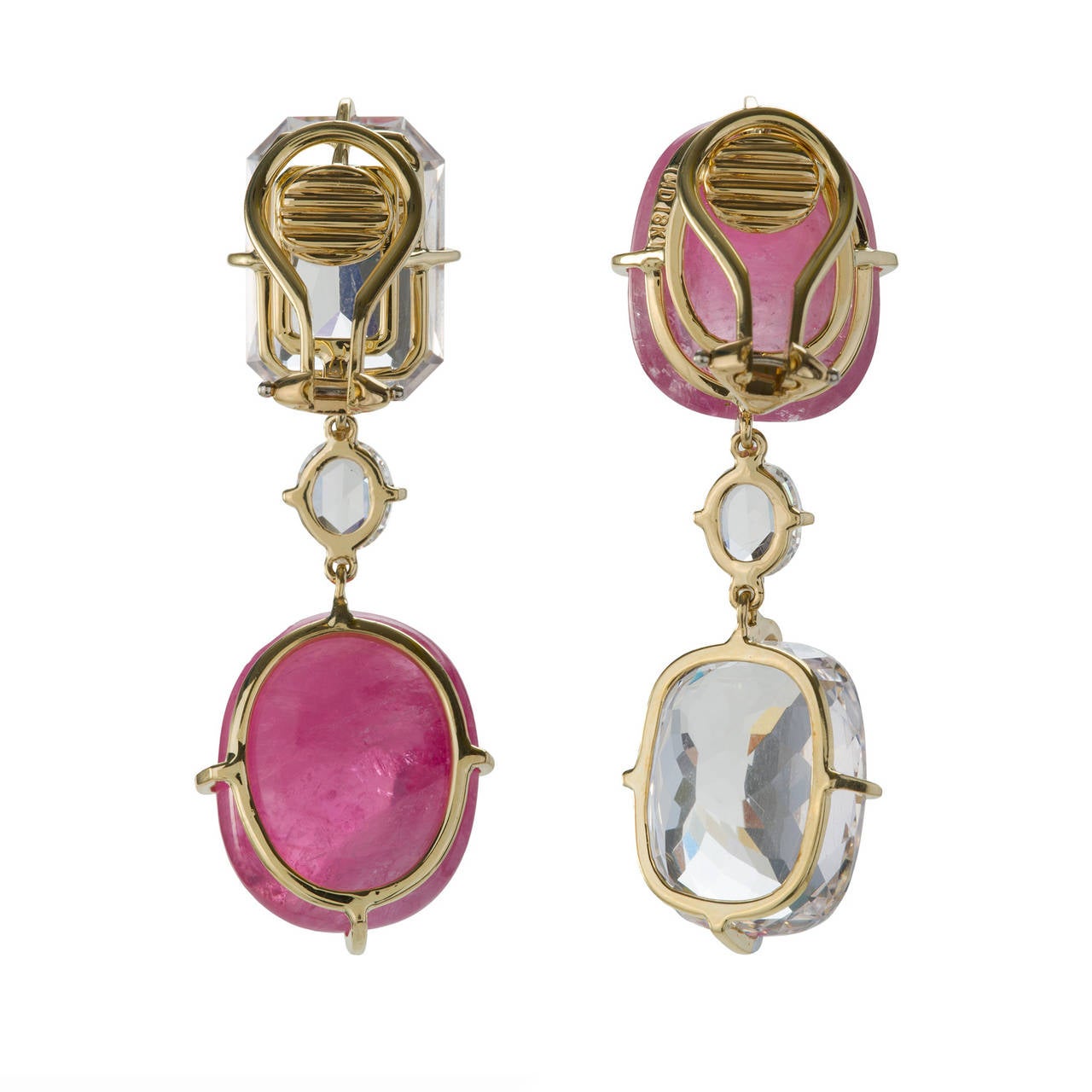 These beautiful earrings feature wonderful bright and charming pink tourmaline cabochons from Burma juxtaposed with large European faceted danburites from Mexico.   The asymmetrical tourmalines are accentuated by .75 ct diamonds. Note the playful