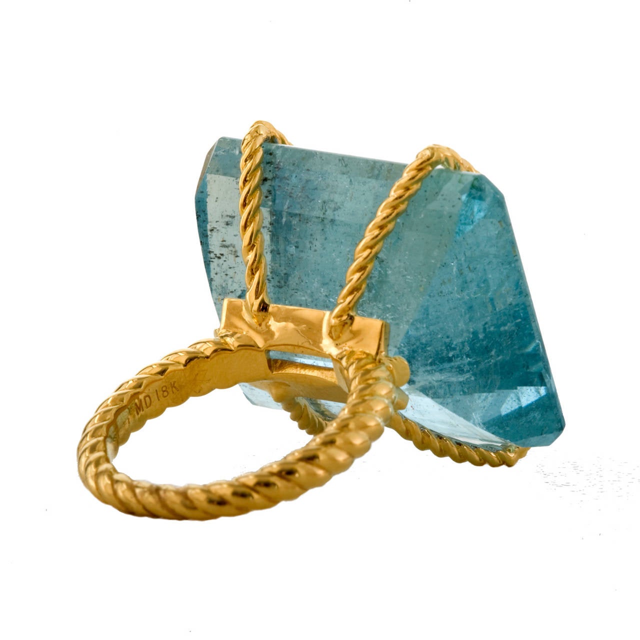 Large Aquamarine Gold Rope Banded Cocktail Ring