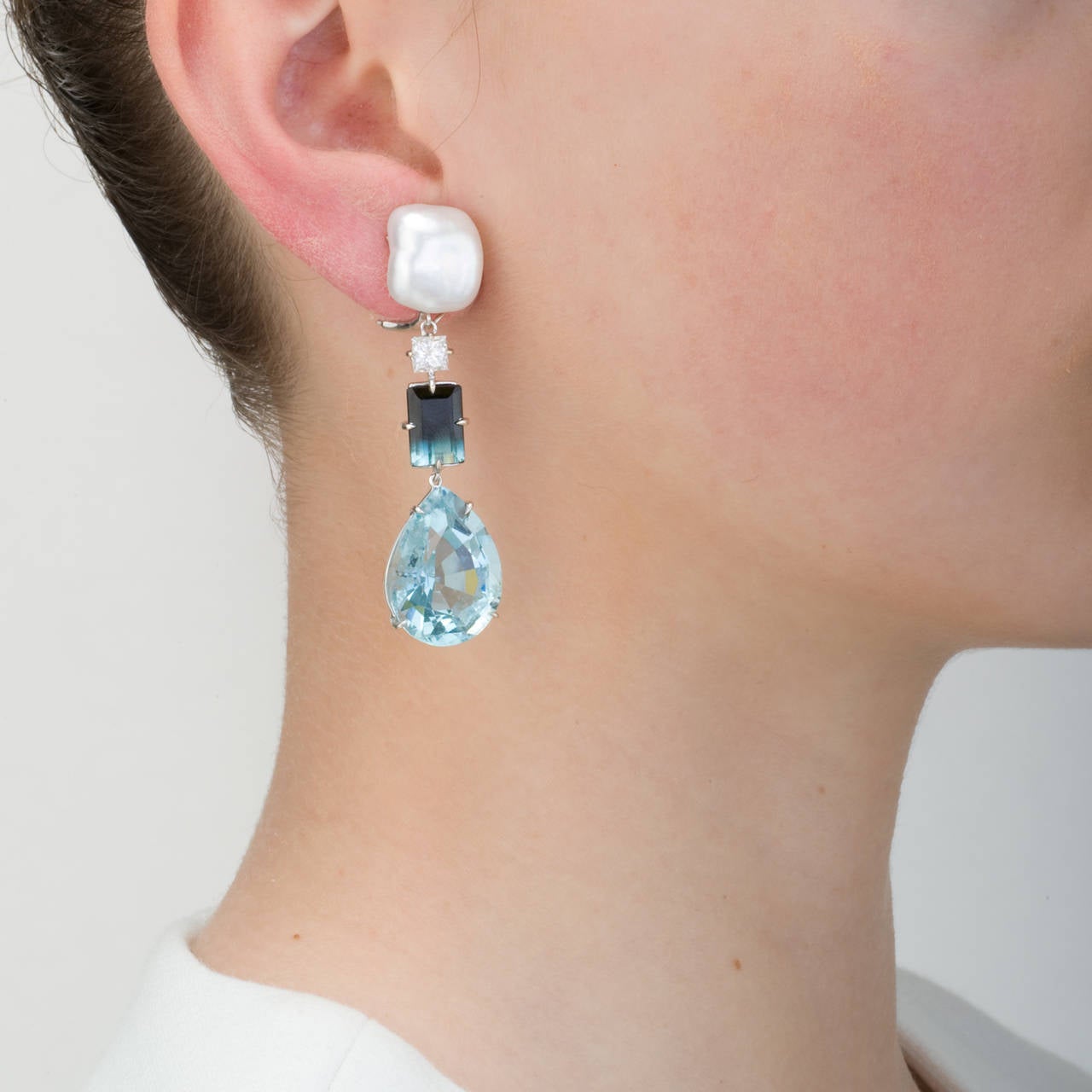 Aquamarine Tourmaline Diamond and South Sea Keshi Pearl Clip Earrings In New Condition For Sale In Aspen, CO