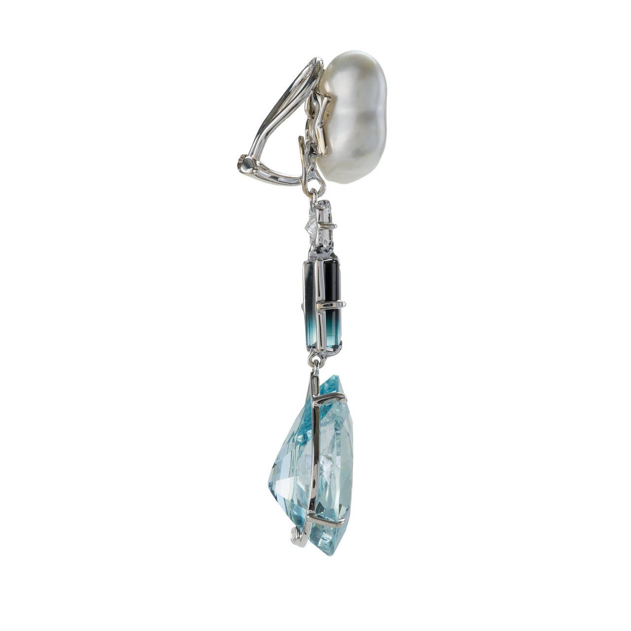 Contemporary Aquamarine Tourmaline Diamond and South Sea Keshi Pearl Clip Earrings For Sale