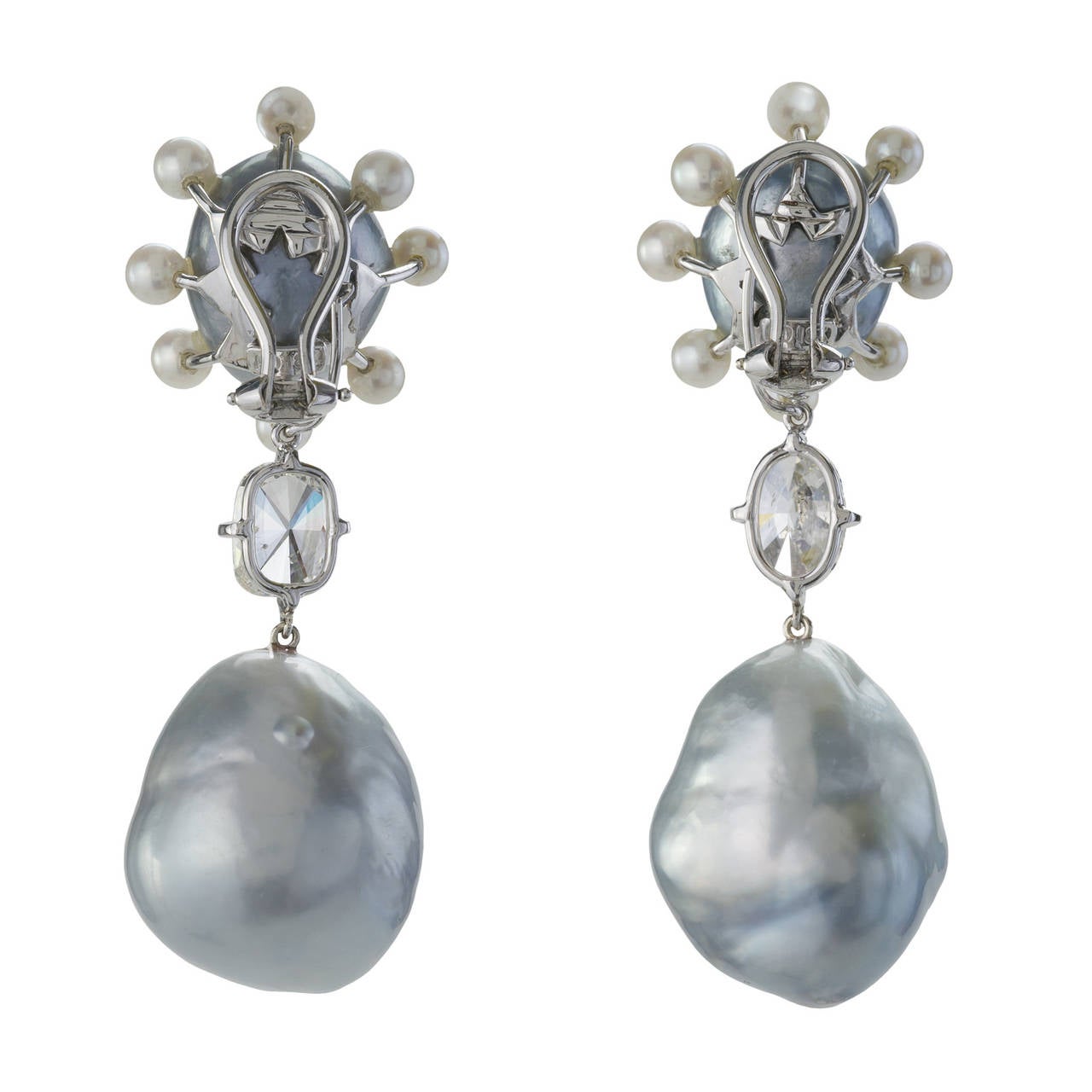 Contemporary Pearl Diamond Gold Drop Earrings For Sale