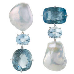 Aquamarine Pearl Gold Clip Earrings