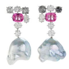 Neon Pink Spinel Pearl Diamond Gold Earrings
