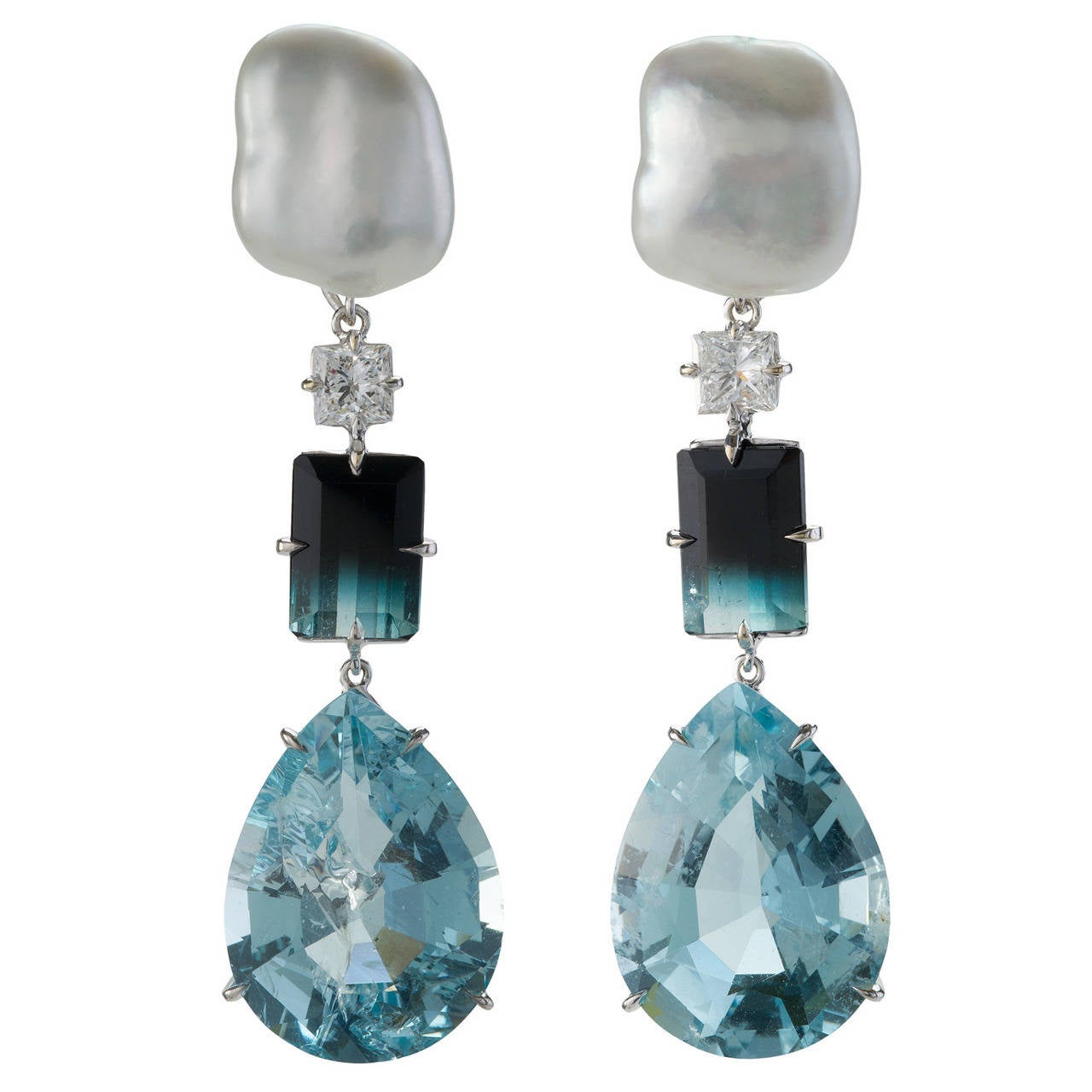 Aquamarine Tourmaline Diamond and South Sea Keshi Pearl Clip Earrings For Sale