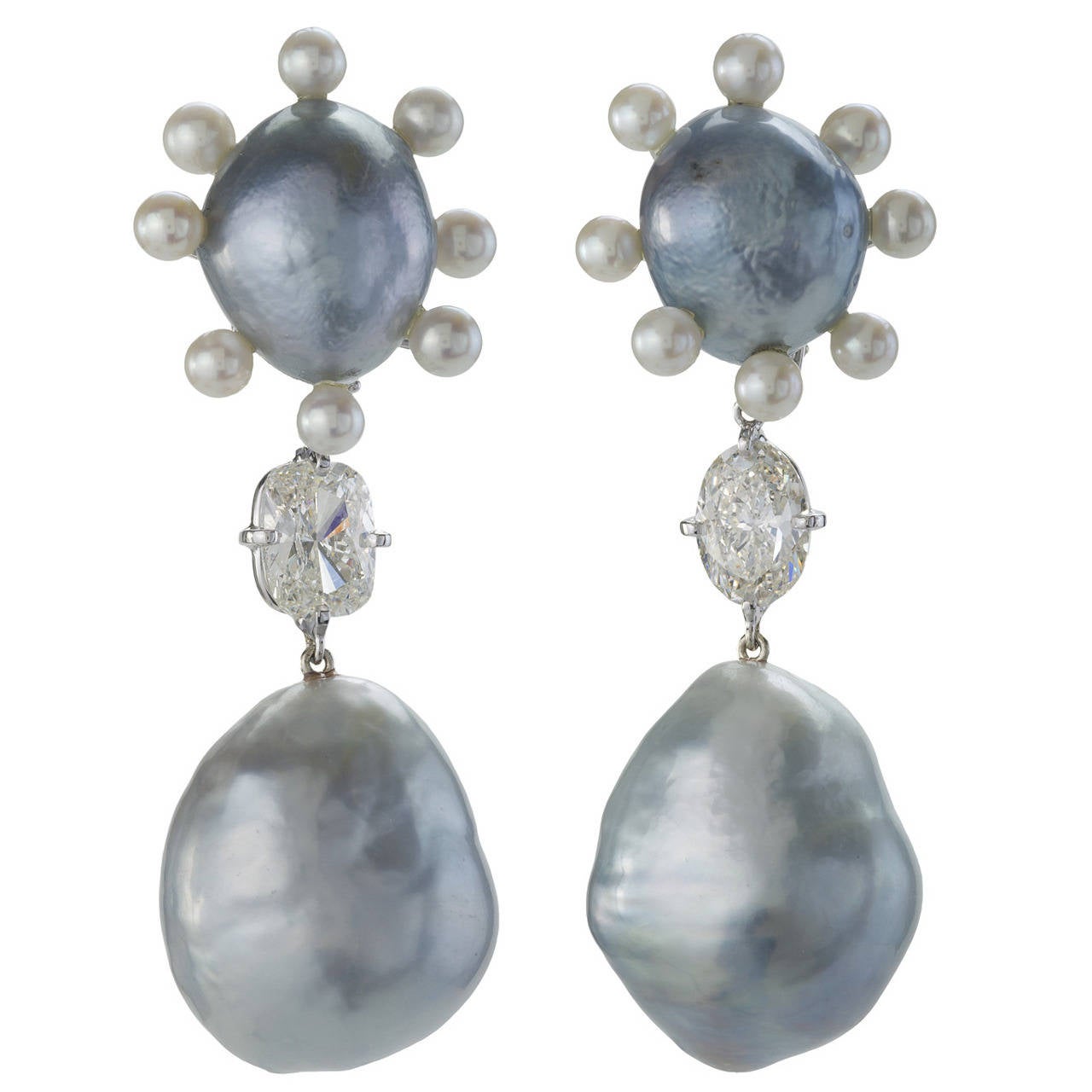 Pearl Diamond Gold Drop Earrings For Sale