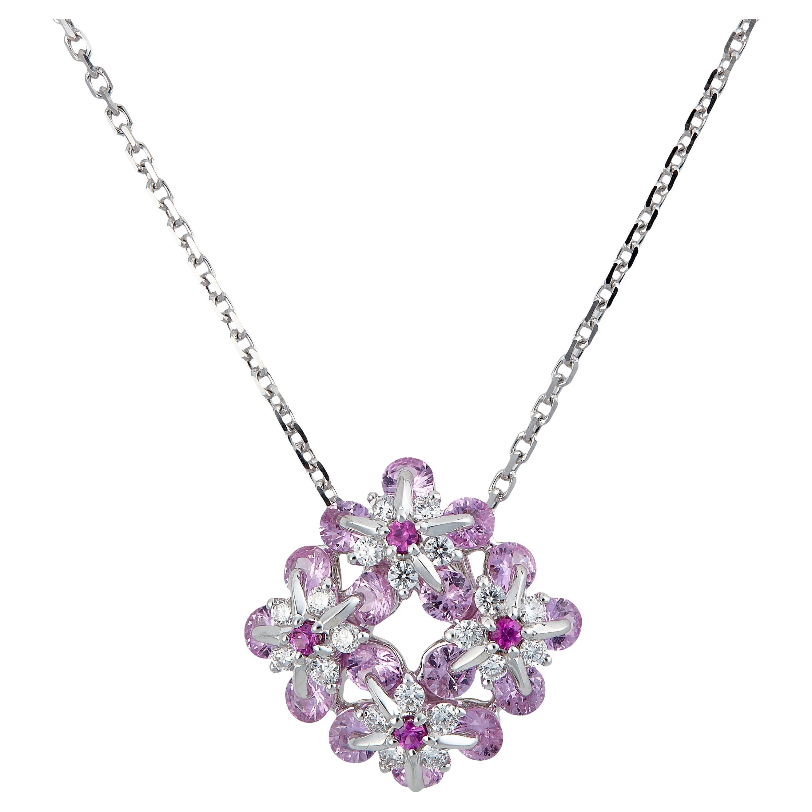 Moiseikin 18 Karat White Gold Diamond Pink Sapphire Flower Necklace